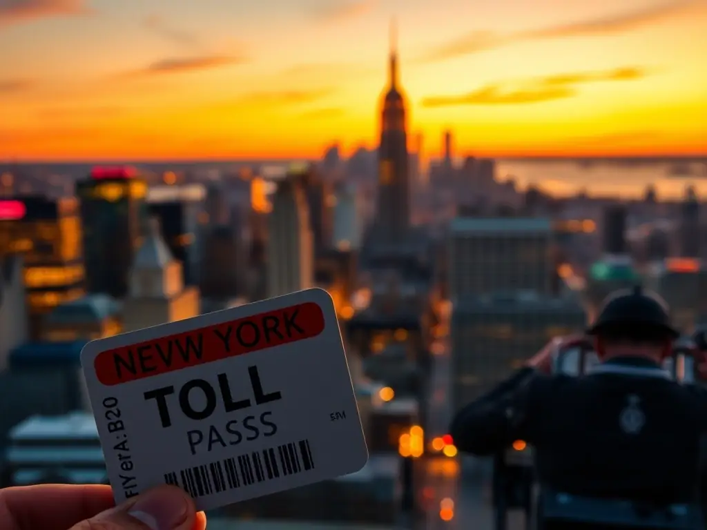A New York Toll Pass displayed against the backdrop of the New York City skyline, highlighting urban travel.