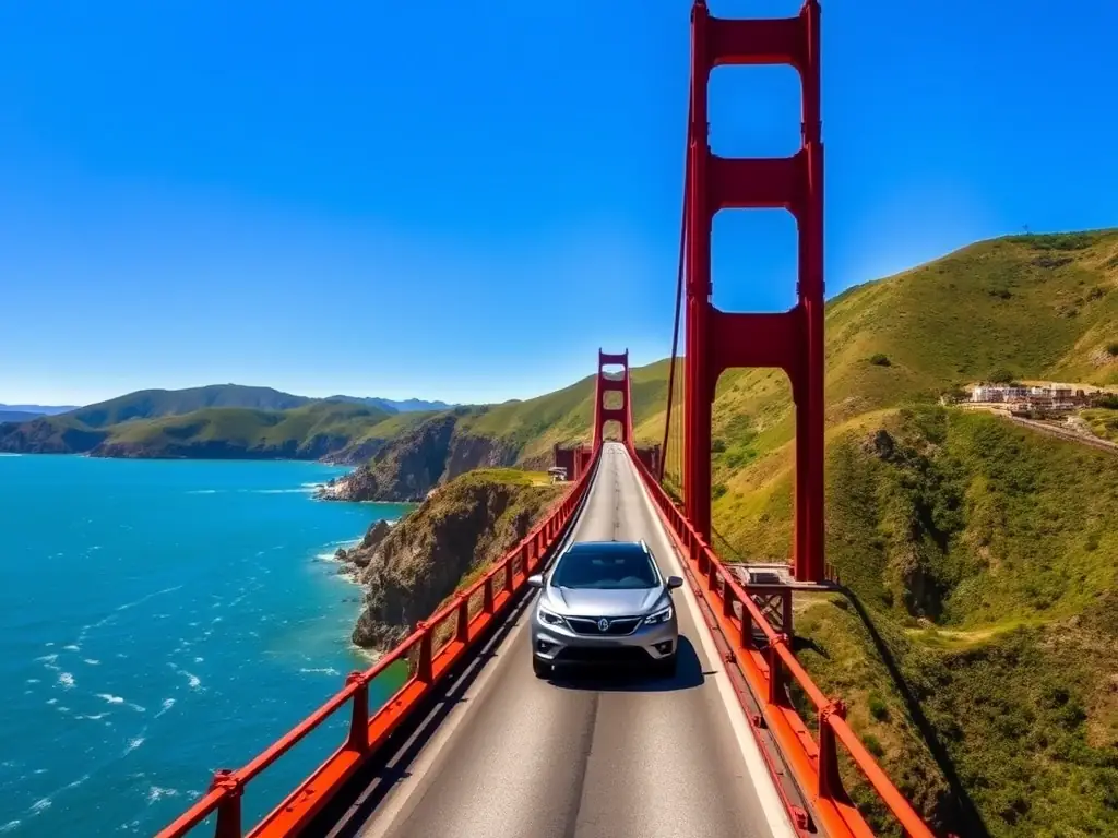 A scenic view of the Golden Gate Bridge in San Francisco, California, with a clear blue sky and a car driving across it, symbolizing travel and adventure in the USA.
