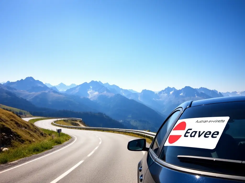 A picturesque view of the Austrian Alps with a winding road in the foreground, showcasing a car with an Austrian e-vignette sticker on its windshield. The image should convey a sense of freedom and adventure.