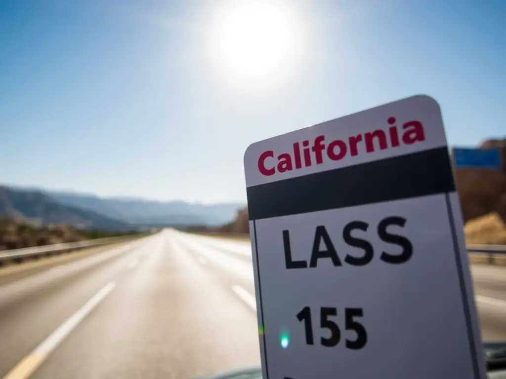 A close-up shot of a California Toll Pass with a scenic highway in the background, emphasizing the ease of travel.