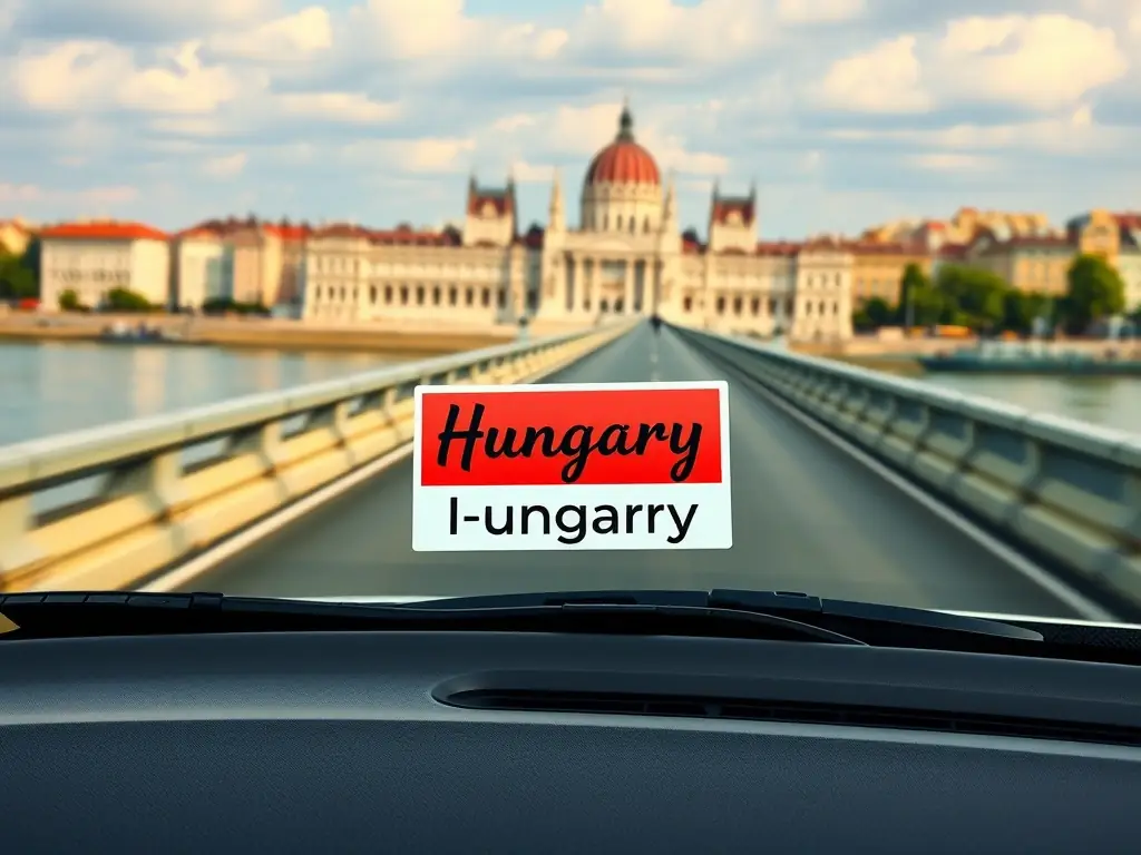 A vibrant image of Budapest, Hungary, with a car driving across a bridge, showcasing the Hungary e-vignette on its windshield. The image should capture the essence of Hungarian culture and travel.