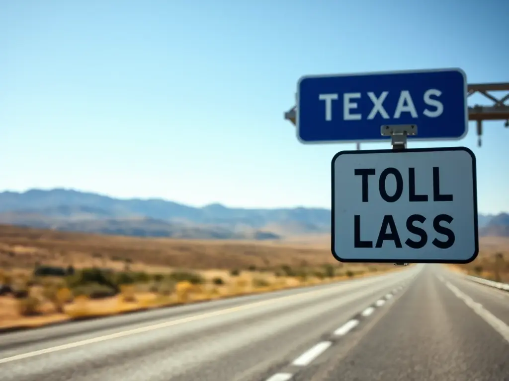 A Texas Toll Pass with a vast Texas landscape in the background, showcasing the freedom of the open road.