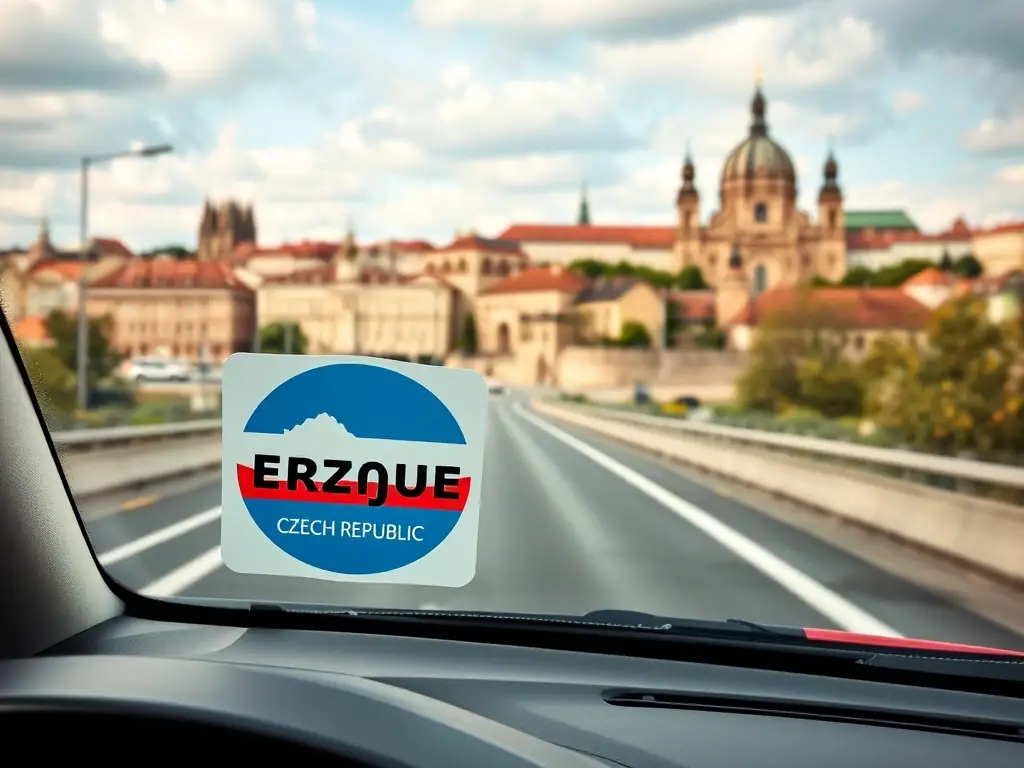 A scenic view of Prague, Czech Republic, featuring a modern car driving on a highway with the Czech Republic e-vignette displayed on its windshield. The image should highlight the beauty of the Czech Republic.