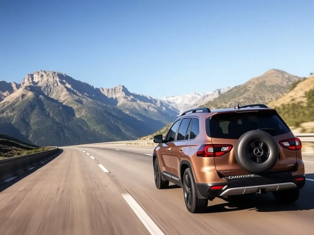 An image of a modern car driving on a highway in Mexico, with a clear blue sky and desert landscape in the background, symbolizing travel and exploration in Mexico.