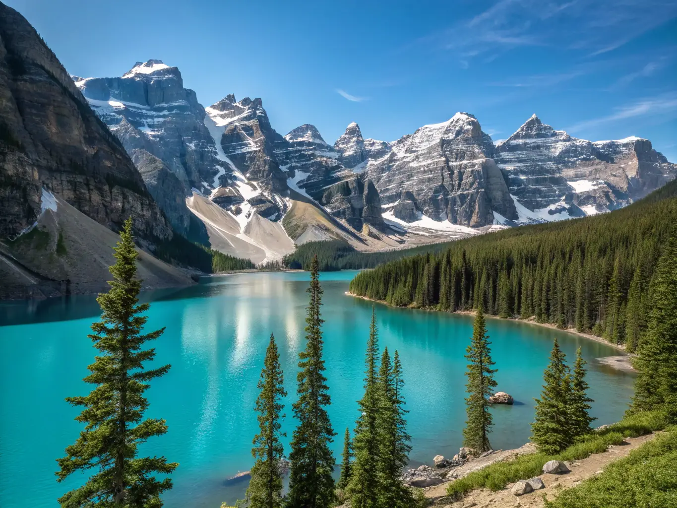 A picturesque landscape of Banff National Park in Alberta, Canada, with snow-capped mountains, a turquoise lake, and a winding road, representing the natural beauty and travel opportunities in Canada.